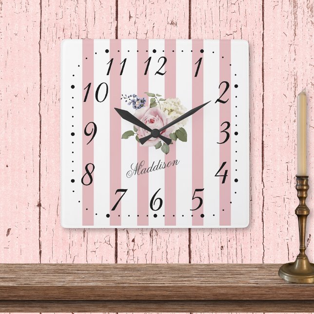 Reloj Cuadrado Shabby Chic Pink Striped Rose Bouquet Monogramado (Subido por el creador)