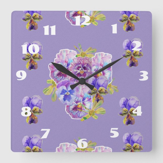 Reloj Cuadrado Shabby Chic Purple Pansies Pansy Floral Room Clock (Anverso)