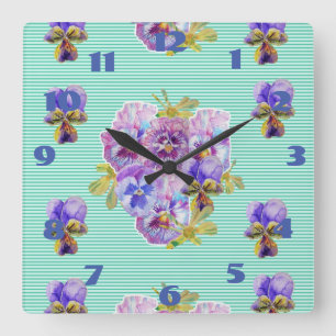 Reloj Cuadrado Shabby Pansies Pansy Floral Aqua Turquoise