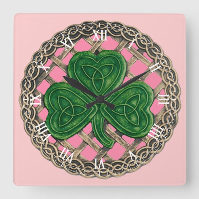 Reloj Cuadrado Shamrock rosa y nudos celtas nupciales romanas rel (Anverso)