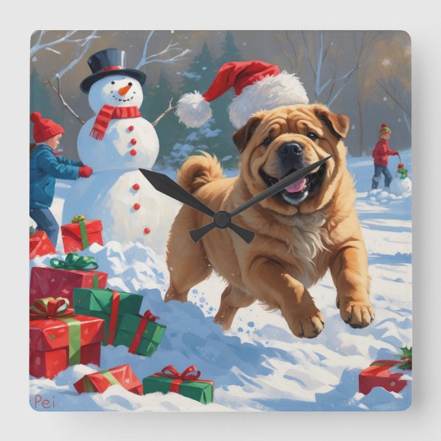Reloj Cuadrado Shar Pei en Nieve con Gorra Navidad (Anverso)