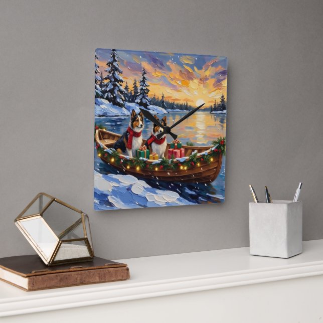 Reloj Cuadrado Shetland Sheepdog Christmas Boat Holiday (Oficina)