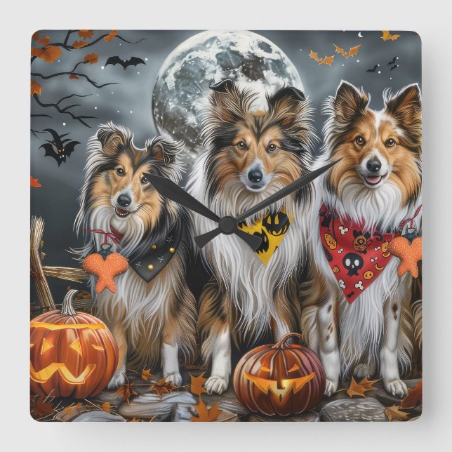 Reloj Cuadrado Shetland Sheepdog Halloween Espeluznante  (Anverso)