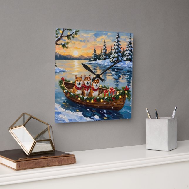 Reloj Cuadrado Shiba Inu Christmas Boat Holiday (Oficina)