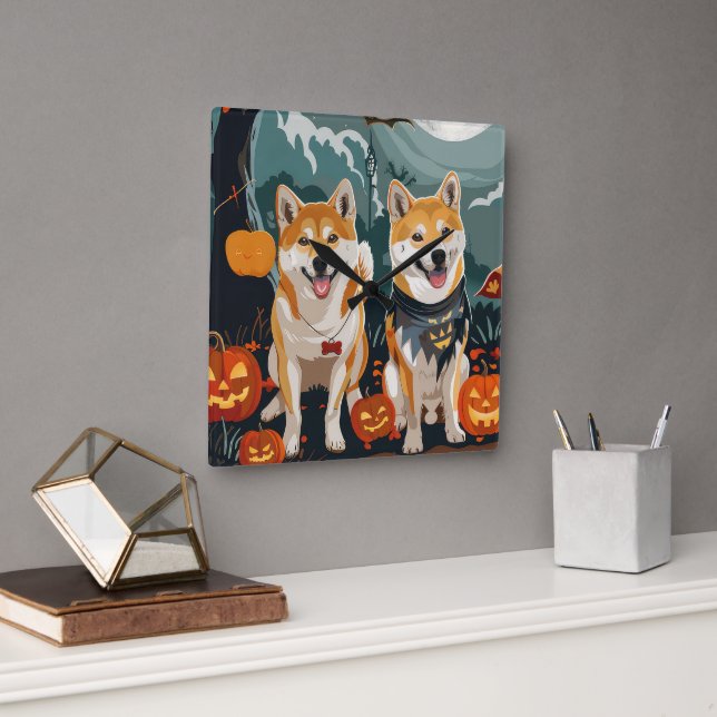Reloj Cuadrado Shiba Inu Halloween Espeluznante (Oficina)