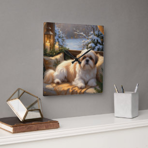 Reloj Cuadrado Shih Tzu con vacaciones de Navidades alumbrados