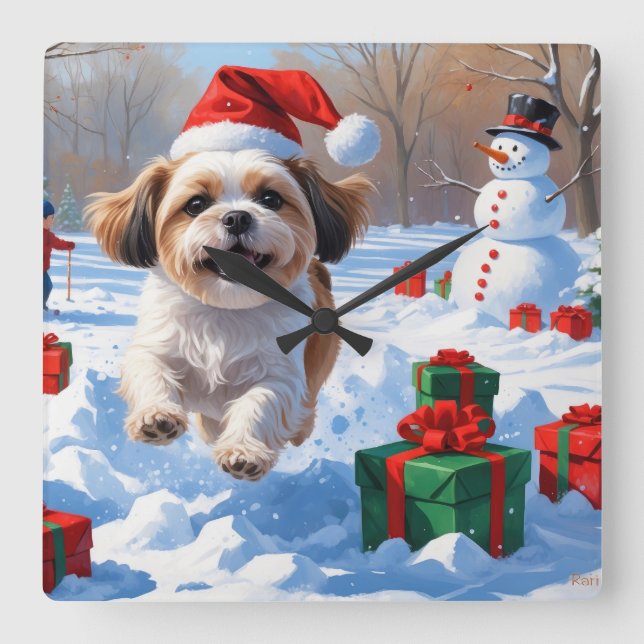 Reloj Cuadrado Shih Tzu corre en Nieve con Gorra Navidad (Anverso)