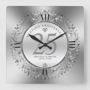 Reloj Cuadrado Shiny Silver Swirls Circle Frame 25th wedding