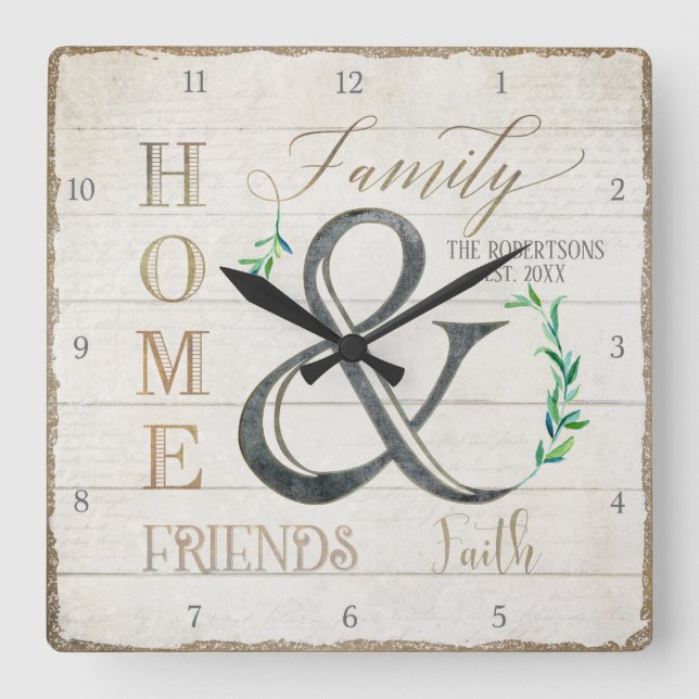 Reloj Cuadrado Shiplap Wood Home Friends Nombre de la familia (Anverso)