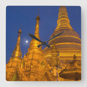 Reloj Cuadrado Shwedagon de noche, Myanmar