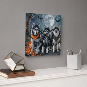 Reloj Cuadrado Siberian Husky Halloween Espeluznante