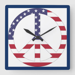 RELOJ CUADRADO SIGNO DE PAZ DE LA BANDERA ESTADOUNIDENSE