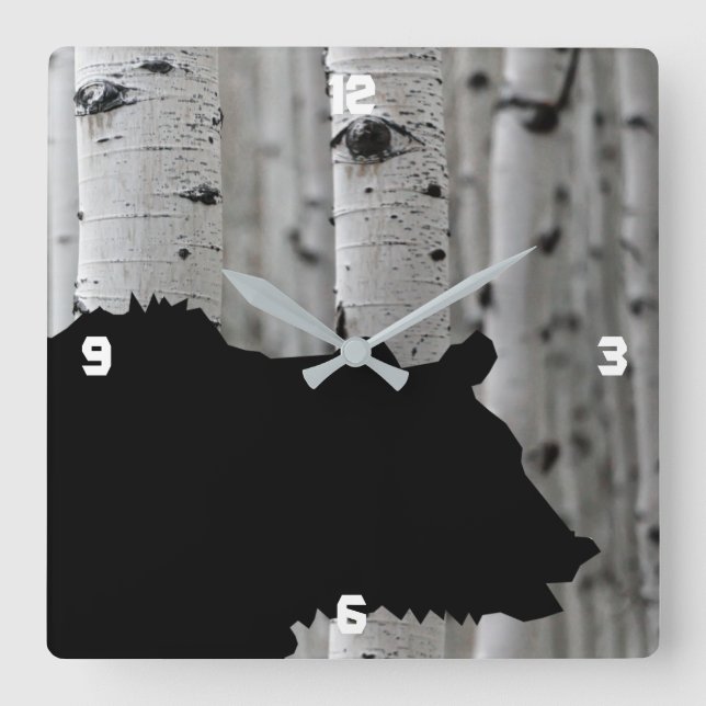 Reloj Cuadrado Silhouette Black Bear Aspen Tree Wall Clock (Anverso)