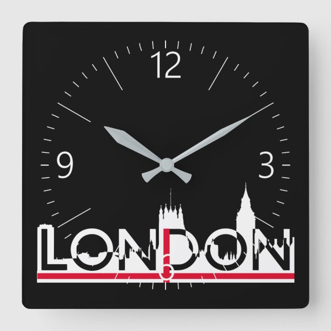 Reloj Cuadrado Silhouette de Londres y bandera inglesa (Anverso)
