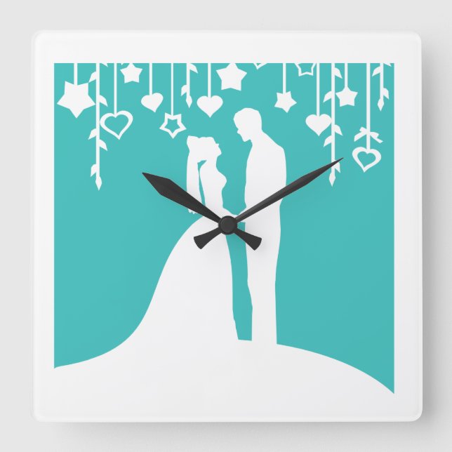 Reloj Cuadrado Silhouettes Aqua & White Bride y Groom Boda (Anverso)