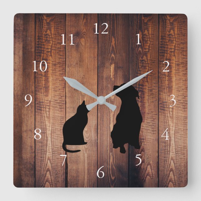 Reloj Cuadrado Silhouettes de gato y perro mascotas de madera rús (Anverso)