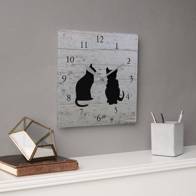 Reloj Cuadrado Silhouettes de gatos modernos con motivos de mader (Oficina)