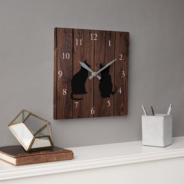 Reloj Cuadrado Silhouettes de gatos modernos en madera rústica (Oficina)