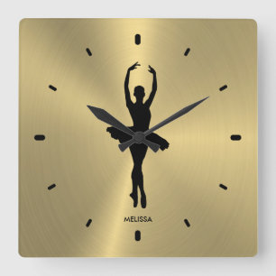 Reloj Cuadrado  Silueta De Bailarina De Ballet Sobre Oro Metálico