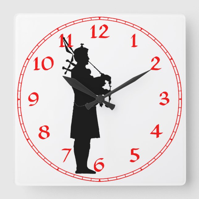 Reloj Cuadrado Silueta de gaitero escocés (Anverso)