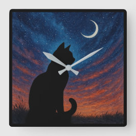 Reloj Cuadrado Silueta de gato - cielo nocturno con luna crecient