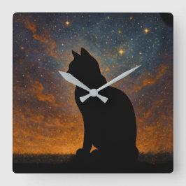 Reloj Cuadrado Silueta de gato cósmico