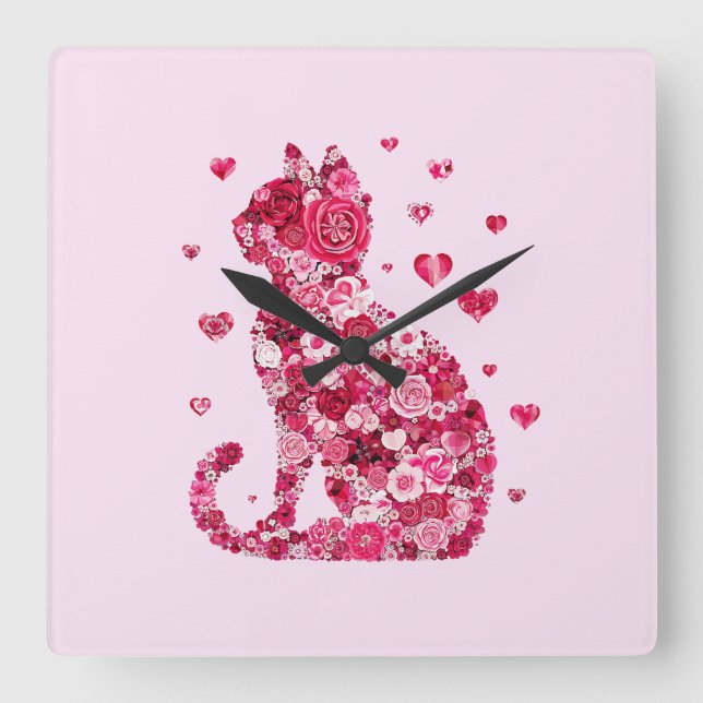 Reloj Cuadrado Silueta de gato floral ArtFaux tela envuelta (Anverso)