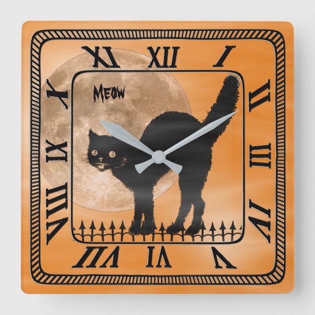 Reloj Cuadrado Silueta de gato negro de Halloween | NARANJA (Anverso)
