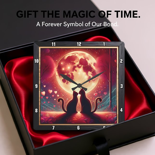 Reloj Cuadrado Silueta de gato romántico Luna Llena (Subido por el creador)