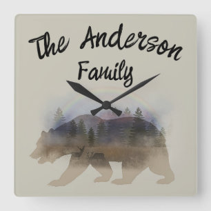 Reloj Cuadrado Silueta de oso de nombre familiar personalizado