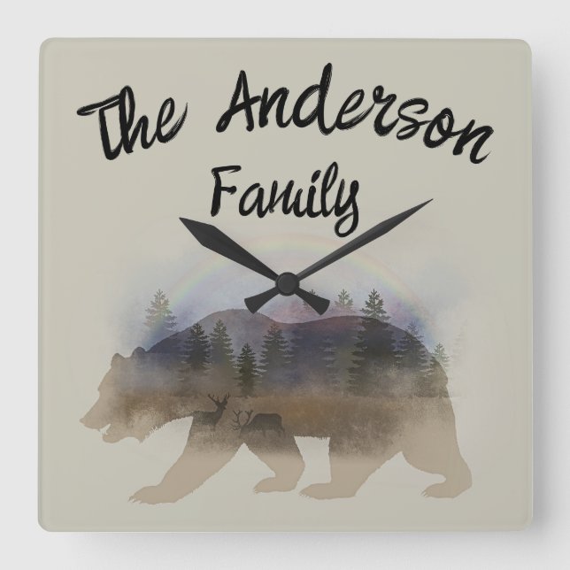 Reloj Cuadrado Silueta de oso de nombre familiar personalizado (Anverso)