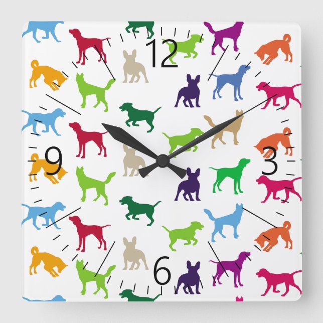 Reloj Cuadrado Siluetas de perros coloridas (Anverso)