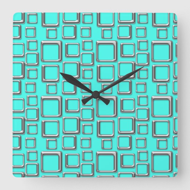 Reloj Cuadrado Silver and Turquoise Retro Pattern Square  Clock (Anverso)