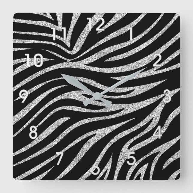 RELOJ CUADRADO SILVER GLITTER AND ZEBRA STRIPES WALL CLOCK (Anverso)