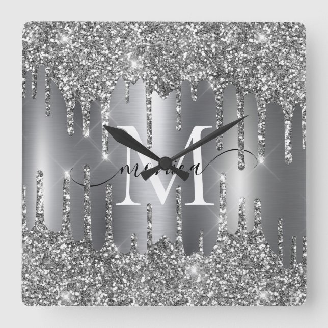 Reloj Cuadrado Silver Glitter Drips Monogram Personalized (Anverso)