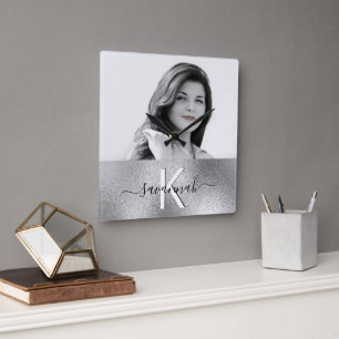 Reloj Cuadrado Silver photo monogram name script modern