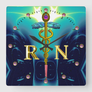 RELOJ CUADRADO SÍMBOLO DE ENFERMERA REGISTRADA DE CADUCEO DE ORO,