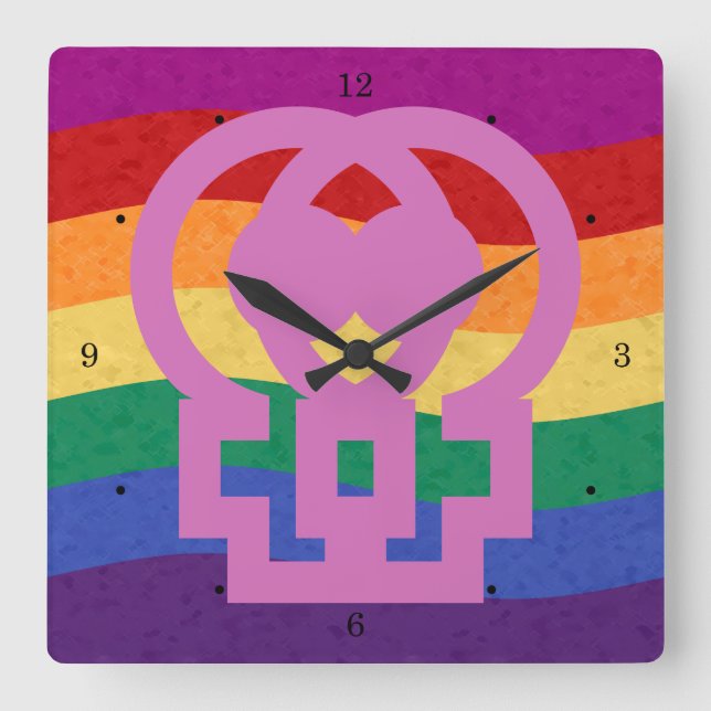 Reloj Cuadrado Símbolo de género femenino lésbico arco iris (Anverso)