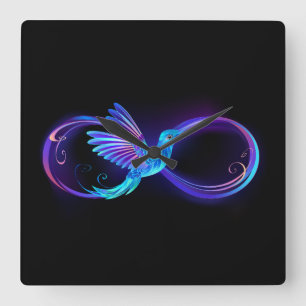Reloj Cuadrado Símbolo de infinito neón con colibrí brillante