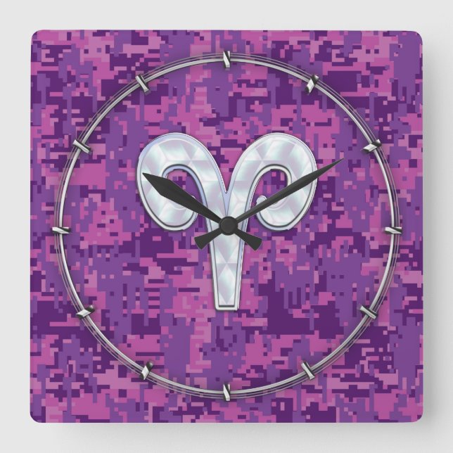 Reloj Cuadrado Símbolo de Pearl Like Aries en camo digital rosado (Anverso)