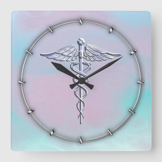 Reloj Cuadrado Símbolo médico del Caduceo plateado Decoración de  (Anverso)