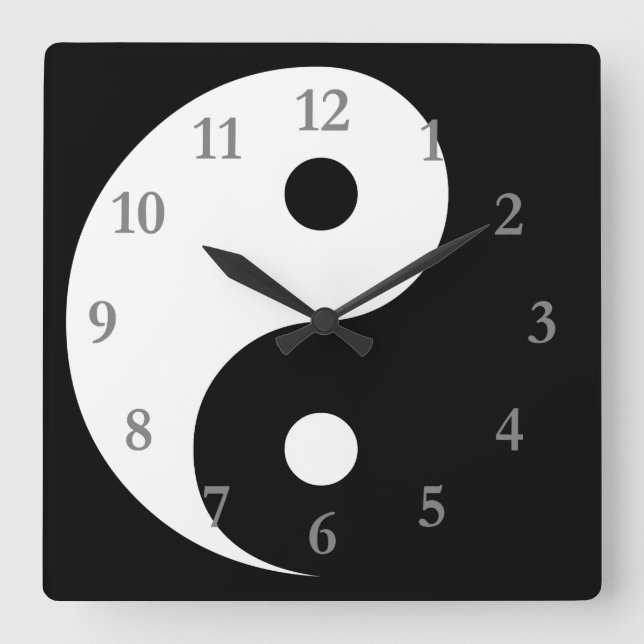 Reloj Cuadrado Símbolo Yang blanco negro con números grises (Anverso)