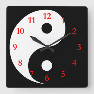 Reloj Cuadrado Símbolo Yin Yang Blanco/Negro con Números Rojos