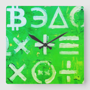 Reloj Cuadrado Símbolos de Bitcoin (Beneficio Brillante Verde - 5