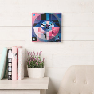 Reloj Cuadrado Simetría celeste: formas geométricas, azul y rosa