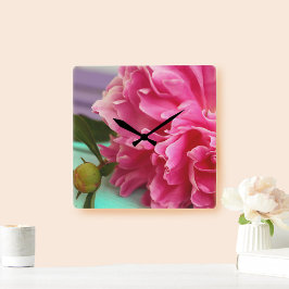 Reloj Cuadrado Simple Flor de Peonía Rosa