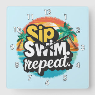 Reloj Cuadrado Sip, Swim, Repeat, Summer Time Fun en la playa