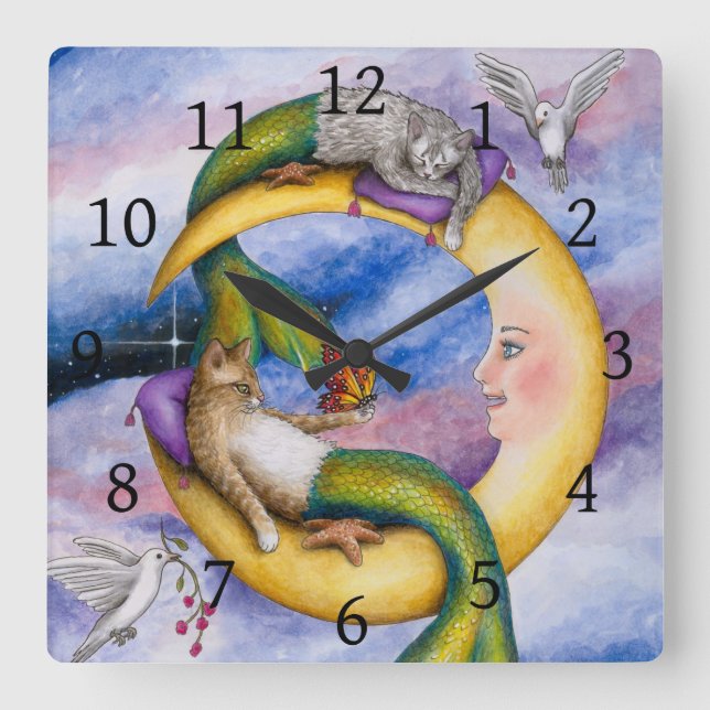 Reloj Cuadrado Sirena de gato 29 gatos de fantasía de Merkitty en (Anverso)