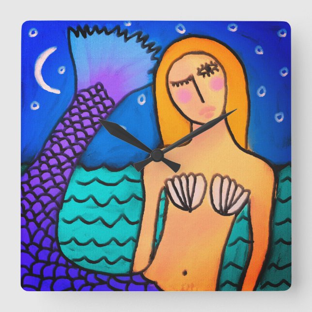 Reloj Cuadrado Sirena en la luna Resumen de arte (Anverso)