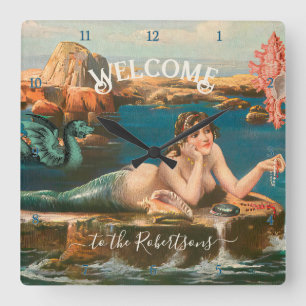 Reloj Cuadrado Sirena en la playa bombardea Sea Vintage Beach Hou